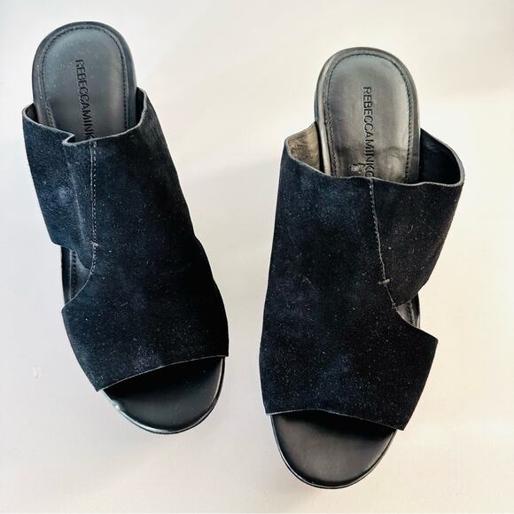 NEW REBECCA MINKOFF Classic Black Suede Chunky Platform Heeled Sandals Mules 8.5 - Picture 2 of 12